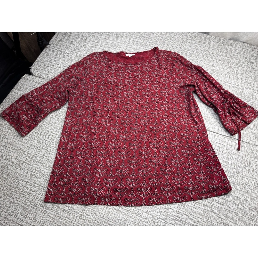 J Jill Popover Top Size Large Red Black Floral Print Soft Modal Knit Bell Slv - Picture 3 of 10